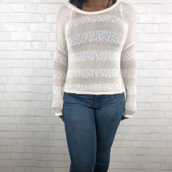 Kirra Striped Long Sleeve Scoop Neck Sheer Metallic Open Knit Sweater Size S/M - Picture 2 of 8